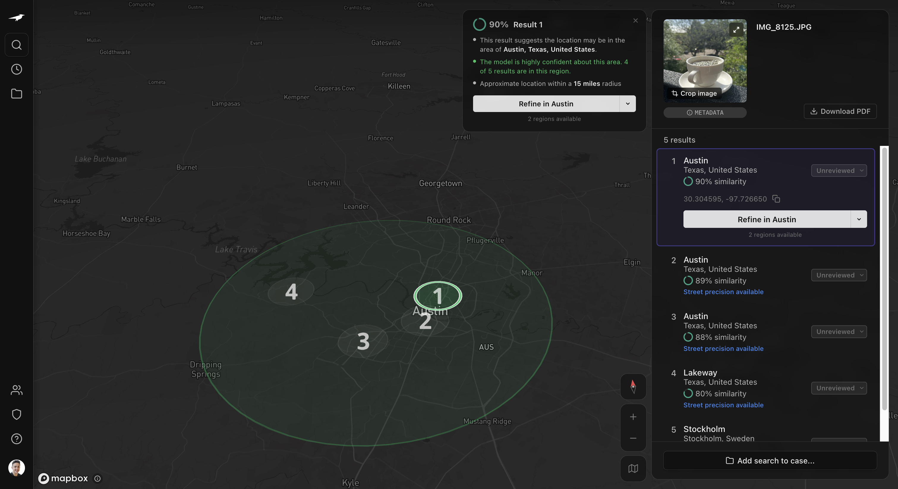 Find Region result narrowing an image to a city and radius
