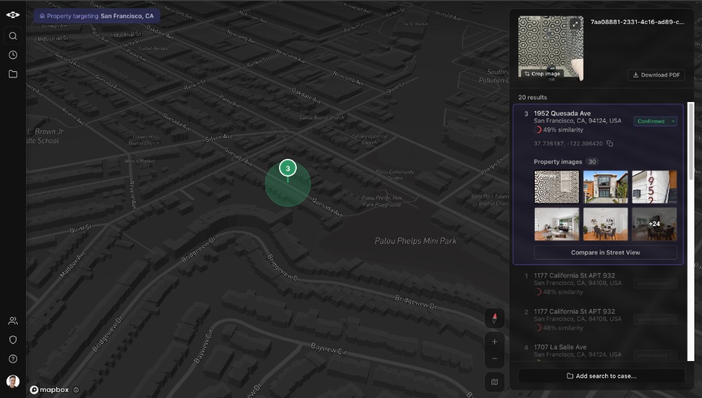 The Find Property workspace: a San Francisco map with the confirmed candidate pinned, and a results panel listing twenty ranked addresses with similarity scores and property images