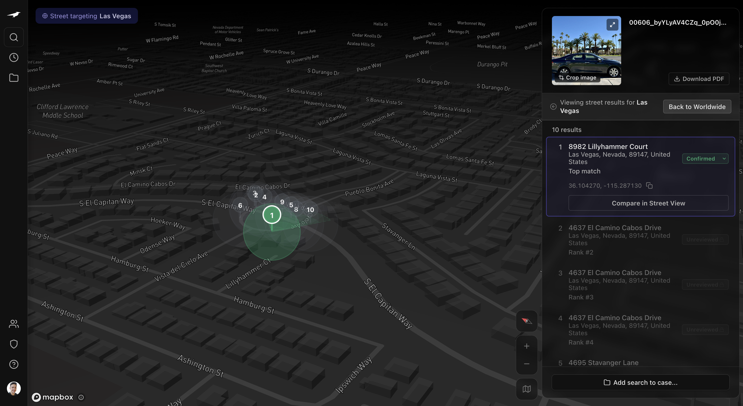 Find Street result with ten ranked candidates and the top match confirmed